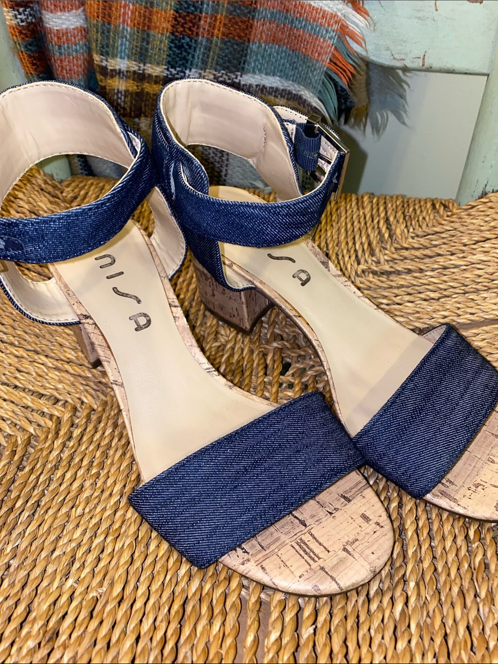 Unisa Navy Denim Cork Block Heel Sandals